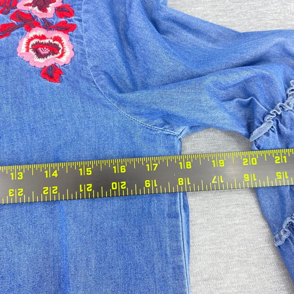 Express‎ Embroidered Denim Bell Sleeve Boho Blue Floral Ruffle Flare Long Sleeve - Picture 8 of 8